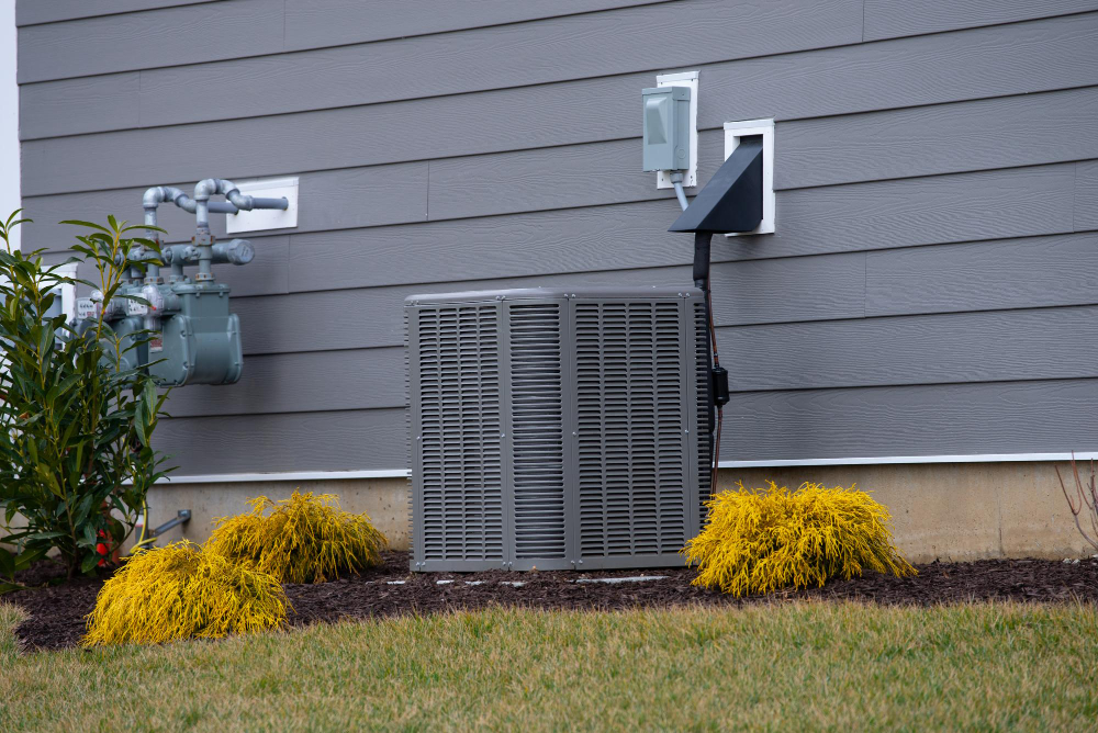 The side of a residential house with attractive landscaping. In the middle is an AC unit. Clear the ground around the unit as part of HVAC maintenance.