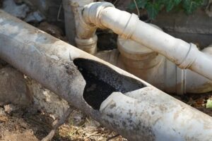 %Title% | Perfect Plumbing, Heating &Amp; Air a sewer line that needs replacing. There is a giant whole in the middle of the unearthed pipe.
