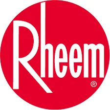 The Rheem logo features a bright red circle with “Rheem” in sleek white lettering, representing trusted HVAC solutions.