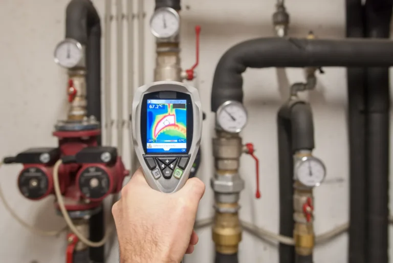 A Perfect Plumbing, Heating & Air technician uses a thermal camera to check pipe and gauge temperatures in a utility room.