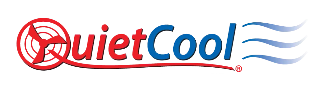 QuietCool logo featuring a red fan icon, "Quiet" in red, "Cool" in blue, and three blue wavy airflow lines—trusted by our team.