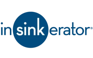 The InSinkErator logo displays the brand name in lowercase, with "sink" highlighted in a blue circle and other letters in dark gray.