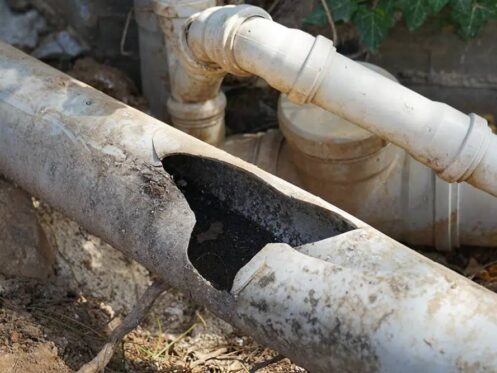 a sewer line that needs replacing. There is a giant whole in the middle of the unearthed pipe.